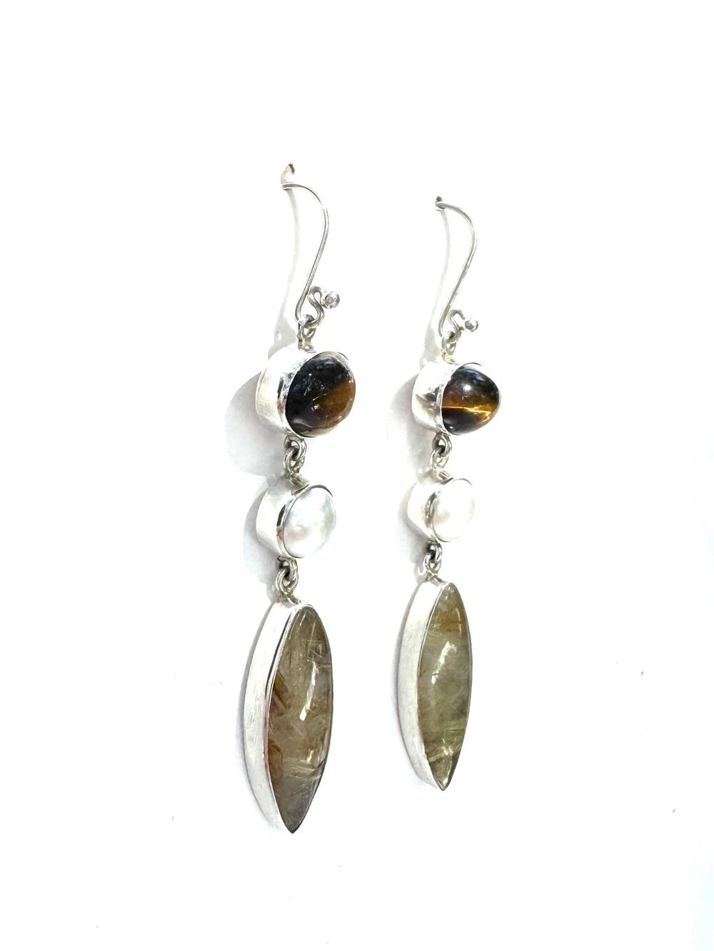 Tigers Eye Golden Rutile Quartz Pearl Sterling 925 Silver Earrings 3 1/8 inch